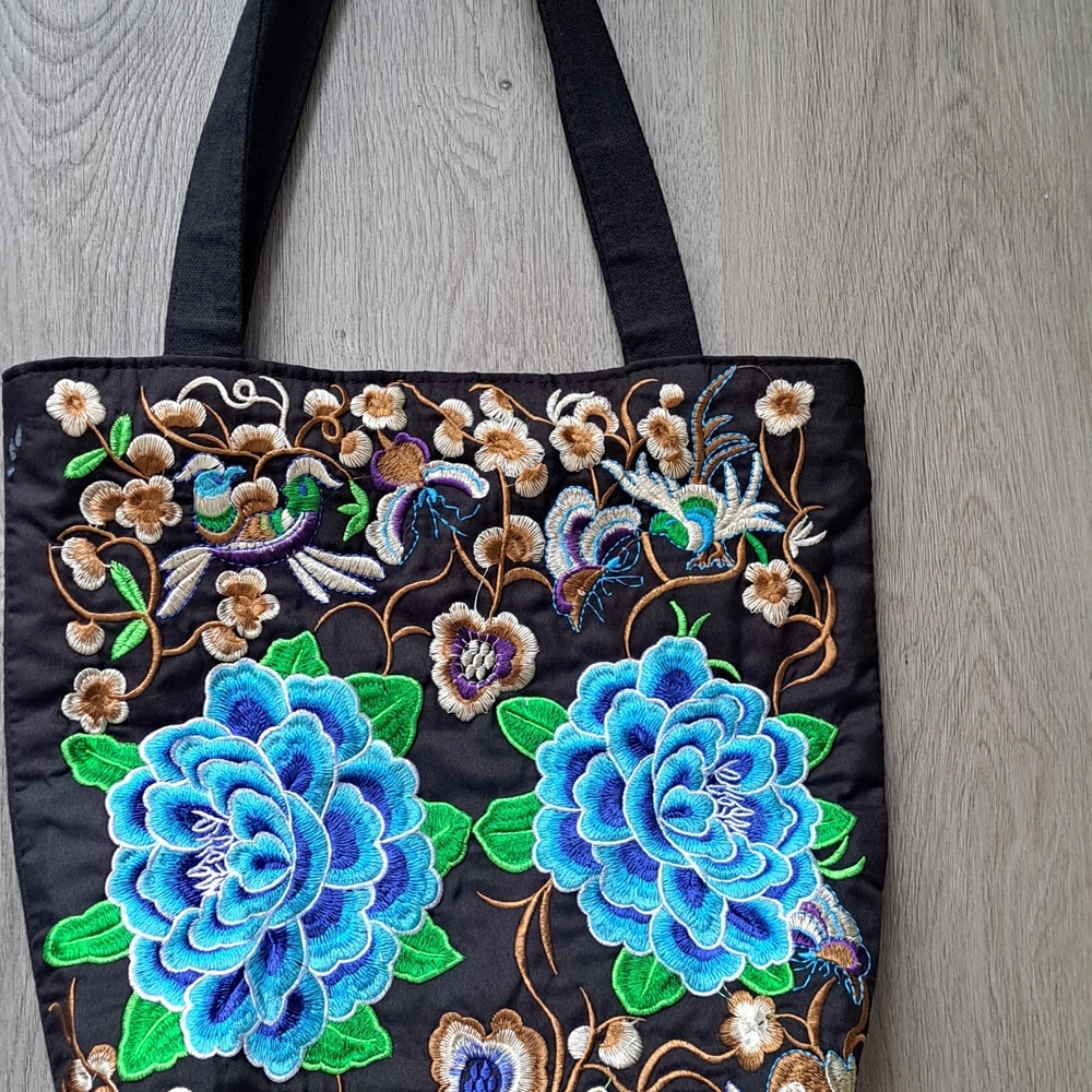 Floral Embroidered Black Tote Bag